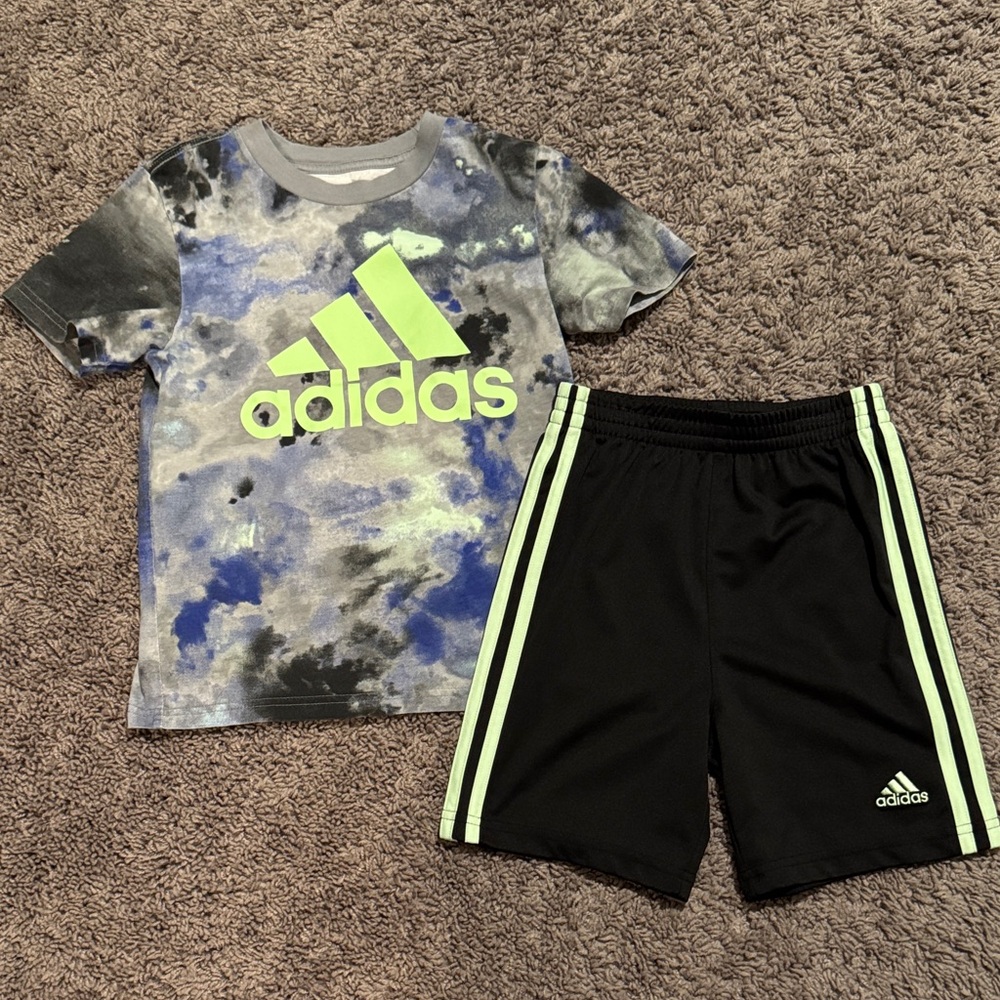 Adidas Blue and Black Tie-Dye Tee with Black Shorts